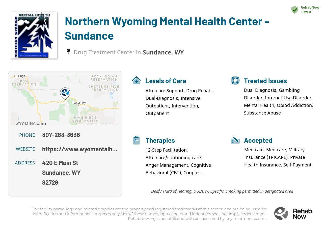 Helpful reference information for Northern Wyoming Mental Health Center - Sundance, a drug treatment center in Wyoming located at: 420 E Main St, Sundance, WY 82729, including phone numbers, official website, and more. Listed briefly is an overview of Levels of Care, Therapies Offered, Issues Treated, and accepted forms of Payment Methods.