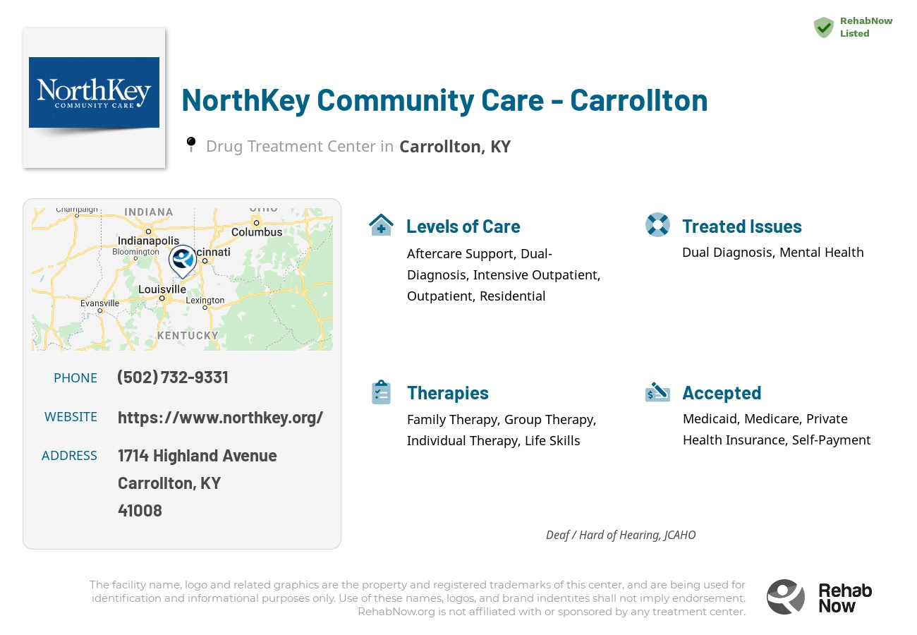 Helpful reference information for NorthKey Community Care - Carrollton, a drug treatment center in Kentucky located at: 1714 Highland Avenue, Carrollton, KY, 41008, including phone numbers, official website, and more. Listed briefly is an overview of Levels of Care, Therapies Offered, Issues Treated, and accepted forms of Payment Methods.