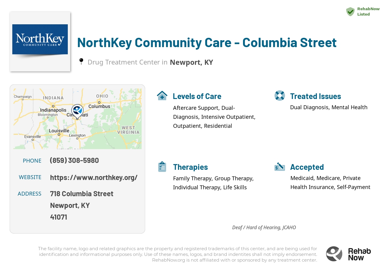 Helpful reference information for NorthKey Community Care - Columbia Street, a drug treatment center in Kentucky located at: 718 Columbia Street, Newport, KY, 41071, including phone numbers, official website, and more. Listed briefly is an overview of Levels of Care, Therapies Offered, Issues Treated, and accepted forms of Payment Methods.