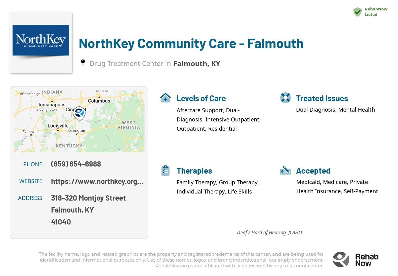 Helpful reference information for NorthKey Community Care - Falmouth, a drug treatment center in Kentucky located at: 318-320 Montjoy Street, Falmouth, KY, 41040, including phone numbers, official website, and more. Listed briefly is an overview of Levels of Care, Therapies Offered, Issues Treated, and accepted forms of Payment Methods.
