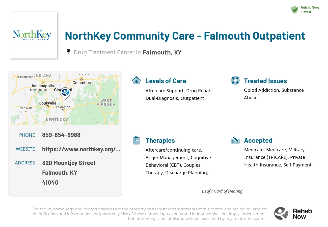 Helpful reference information for NorthKey Community Care - Falmouth Outpatient, a drug treatment center in Kentucky located at: 320 Mountjoy Street, Falmouth, KY 41040, including phone numbers, official website, and more. Listed briefly is an overview of Levels of Care, Therapies Offered, Issues Treated, and accepted forms of Payment Methods.