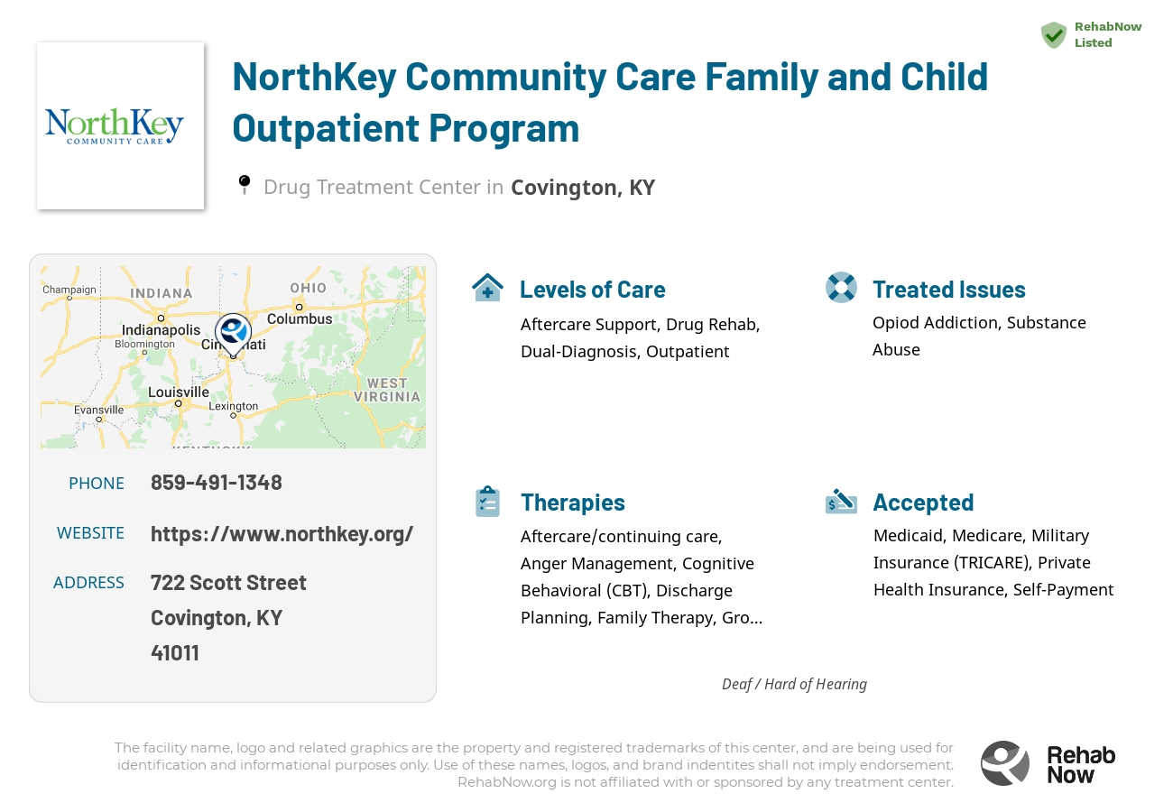 Helpful reference information for NorthKey Community Care Family and Child Outpatient Program, a drug treatment center in Kentucky located at: 722 Scott Street, Covington, KY 41011, including phone numbers, official website, and more. Listed briefly is an overview of Levels of Care, Therapies Offered, Issues Treated, and accepted forms of Payment Methods.