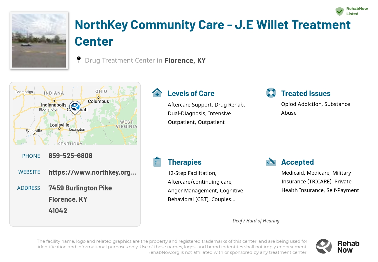 Helpful reference information for NorthKey Community Care - J.E Willet Treatment Center, a drug treatment center in Kentucky located at: 7459 Burlington Pike, Florence, KY 41042, including phone numbers, official website, and more. Listed briefly is an overview of Levels of Care, Therapies Offered, Issues Treated, and accepted forms of Payment Methods.