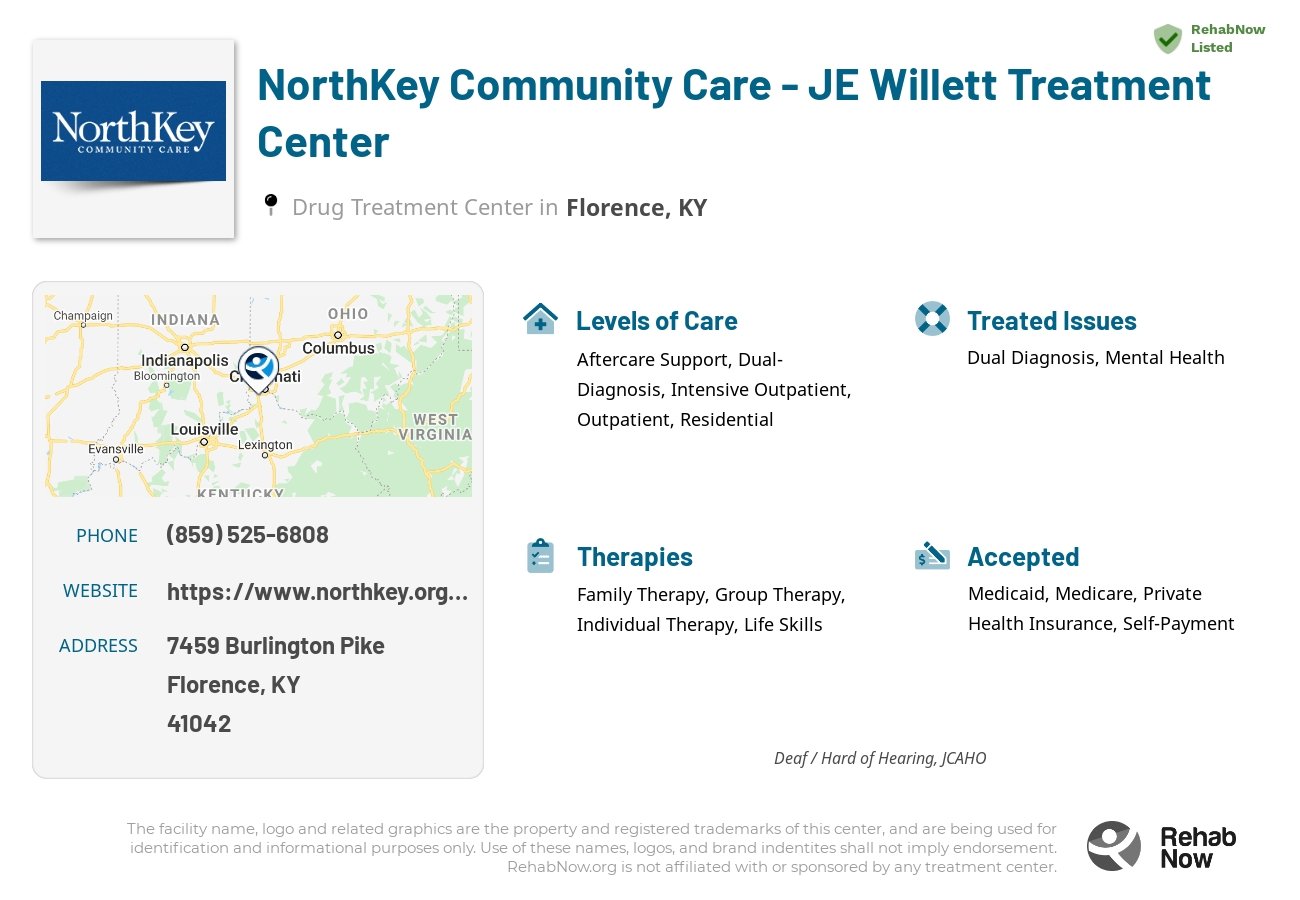Helpful reference information for NorthKey Community Care - JE Willett Treatment Center, a drug treatment center in Kentucky located at: 7459 Burlington Pike, Florence, KY, 41042, including phone numbers, official website, and more. Listed briefly is an overview of Levels of Care, Therapies Offered, Issues Treated, and accepted forms of Payment Methods.
