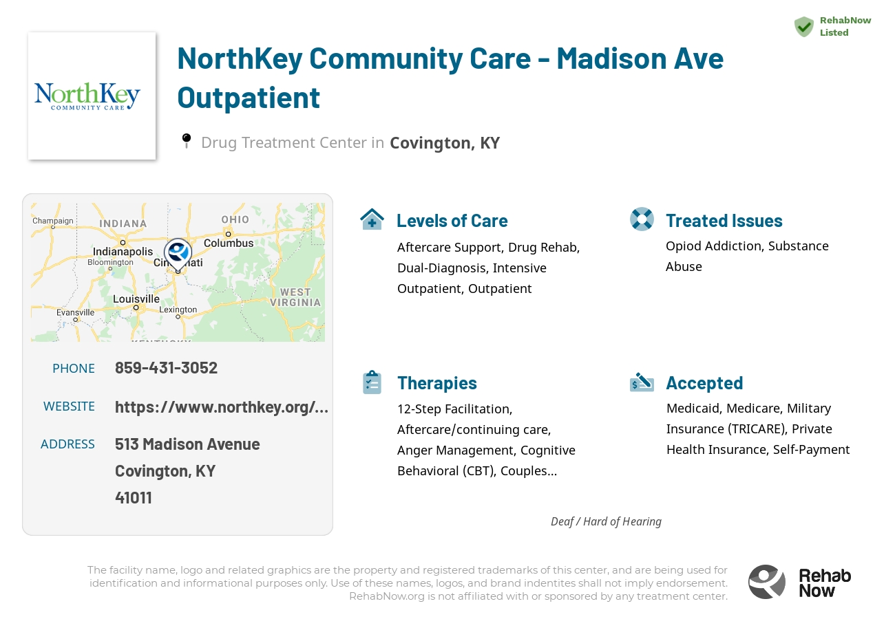 Helpful reference information for NorthKey Community Care - Madison Ave Outpatient, a drug treatment center in Kentucky located at: 513 Madison Avenue, Covington, KY 41011, including phone numbers, official website, and more. Listed briefly is an overview of Levels of Care, Therapies Offered, Issues Treated, and accepted forms of Payment Methods.