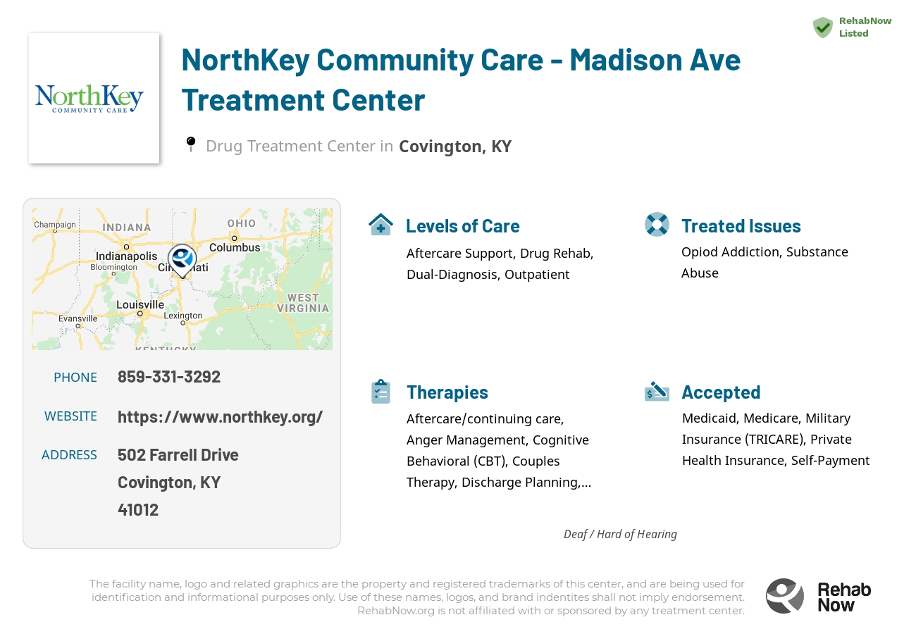 Helpful reference information for NorthKey Community Care - Madison Ave Treatment Center, a drug treatment center in Kentucky located at: 502 Farrell Drive, Covington, KY 41012, including phone numbers, official website, and more. Listed briefly is an overview of Levels of Care, Therapies Offered, Issues Treated, and accepted forms of Payment Methods.