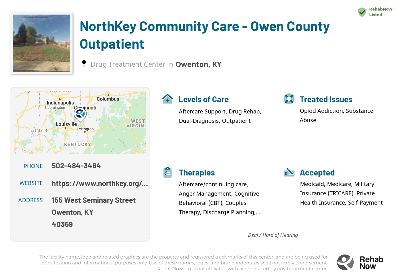 Helpful reference information for NorthKey Community Care - Owen County Outpatient, a drug treatment center in Kentucky located at: 155 West Seminary Street, Owenton, KY 40359, including phone numbers, official website, and more. Listed briefly is an overview of Levels of Care, Therapies Offered, Issues Treated, and accepted forms of Payment Methods.