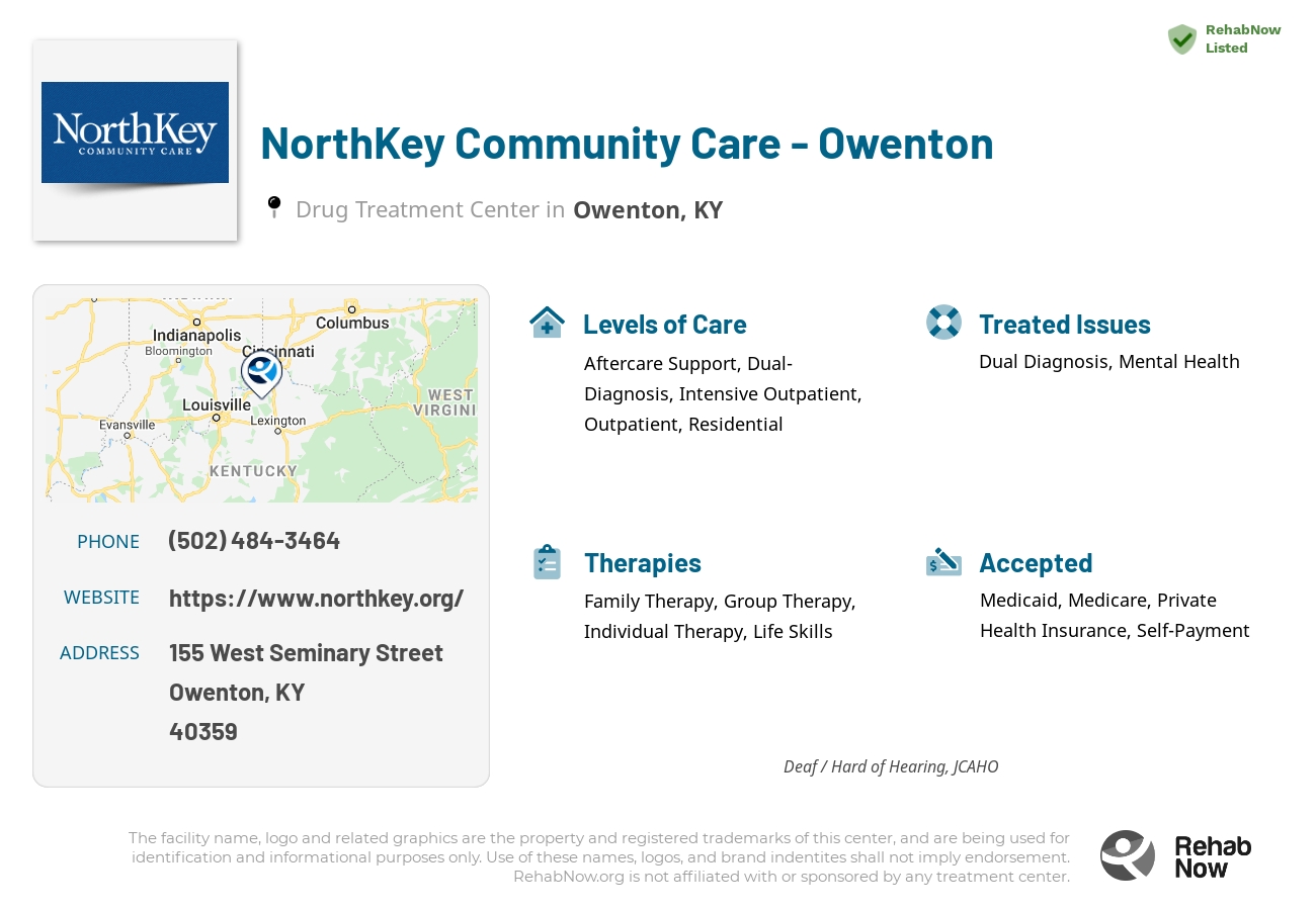 Helpful reference information for NorthKey Community Care - Owenton, a drug treatment center in Kentucky located at: 155 West Seminary Street, Owenton, KY, 40359, including phone numbers, official website, and more. Listed briefly is an overview of Levels of Care, Therapies Offered, Issues Treated, and accepted forms of Payment Methods.