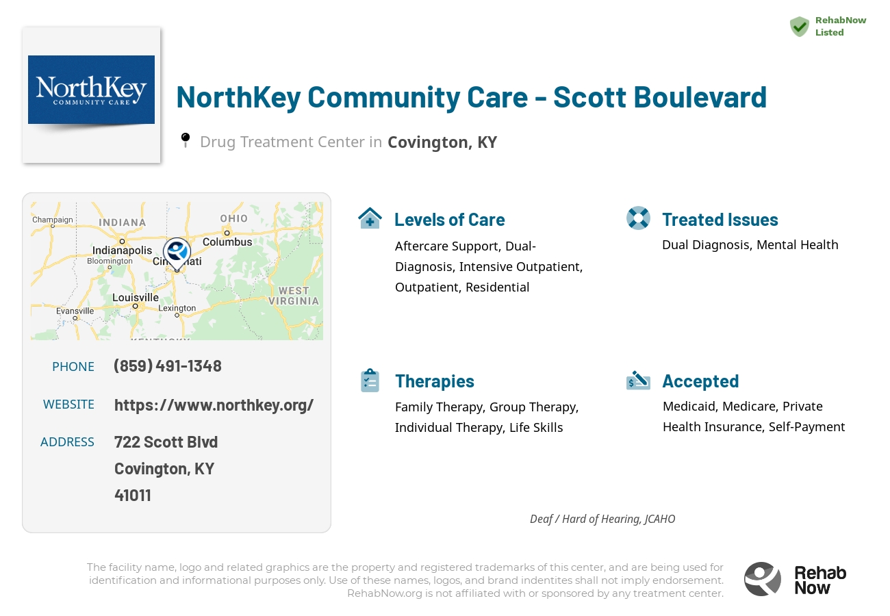Helpful reference information for NorthKey Community Care - Scott Boulevard, a drug treatment center in Kentucky located at: 722 Scott Blvd, Covington, KY, 41011, including phone numbers, official website, and more. Listed briefly is an overview of Levels of Care, Therapies Offered, Issues Treated, and accepted forms of Payment Methods.