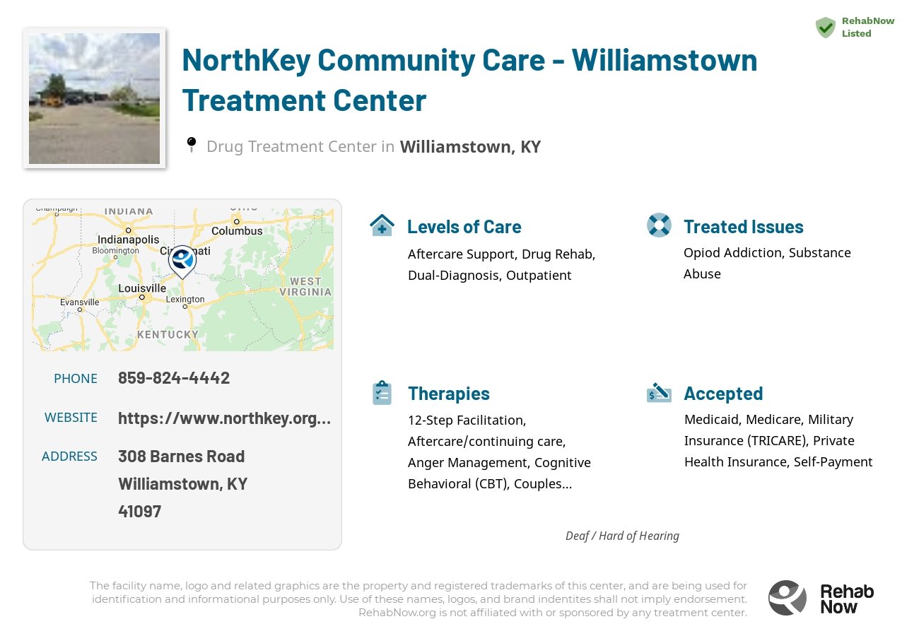 Helpful reference information for NorthKey Community Care - Williamstown Treatment Center, a drug treatment center in Kentucky located at: 308 Barnes Road, Williamstown, KY 41097, including phone numbers, official website, and more. Listed briefly is an overview of Levels of Care, Therapies Offered, Issues Treated, and accepted forms of Payment Methods.