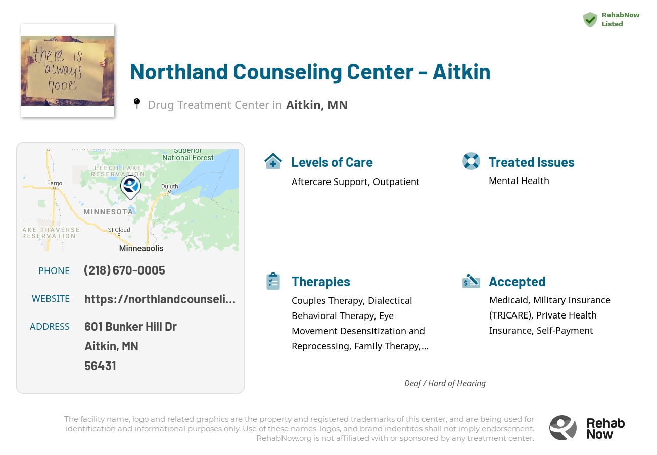 Helpful reference information for Northland Counseling Center - Aitkin, a drug treatment center in Minnesota located at: 601 Bunker Hill Dr, Aitkin, MN 56431, including phone numbers, official website, and more. Listed briefly is an overview of Levels of Care, Therapies Offered, Issues Treated, and accepted forms of Payment Methods.