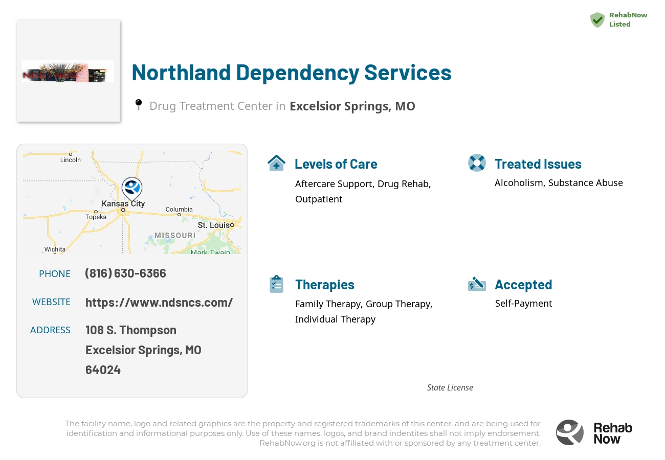 Helpful reference information for Northland Dependency Services, a drug treatment center in Missouri located at: 108 108 S. Thompson, Excelsior Springs, MO 64024, including phone numbers, official website, and more. Listed briefly is an overview of Levels of Care, Therapies Offered, Issues Treated, and accepted forms of Payment Methods.