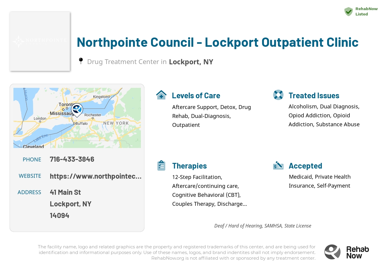 Helpful reference information for Northpointe Council - Lockport Outpatient Clinic, a drug treatment center in New York located at: 41 Main St, Lockport, NY 14094, including phone numbers, official website, and more. Listed briefly is an overview of Levels of Care, Therapies Offered, Issues Treated, and accepted forms of Payment Methods.