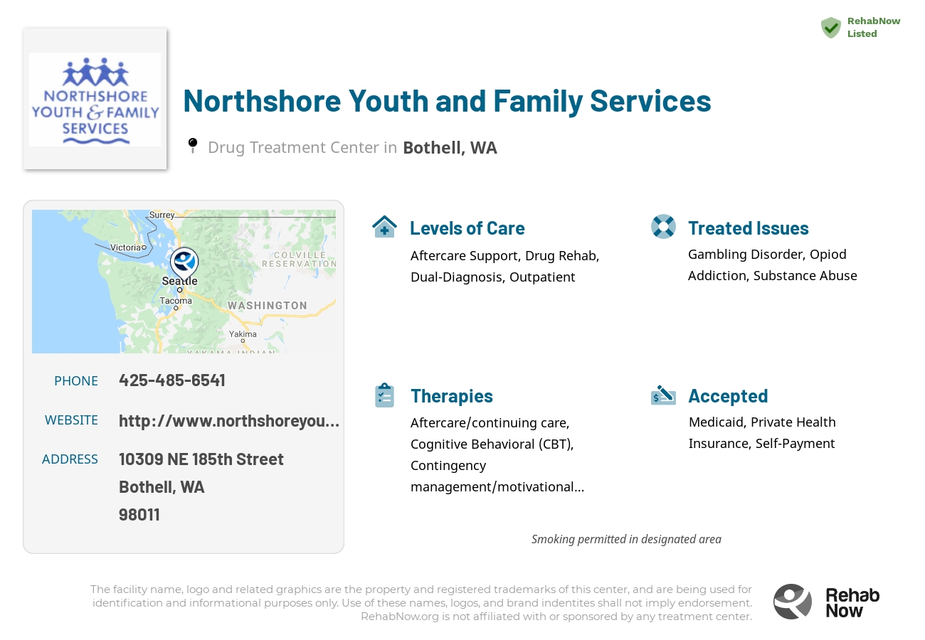 Helpful reference information for Northshore Youth and Family Services, a drug treatment center in Washington located at: 10309 NE 185th Street, Bothell, WA 98011, including phone numbers, official website, and more. Listed briefly is an overview of Levels of Care, Therapies Offered, Issues Treated, and accepted forms of Payment Methods.