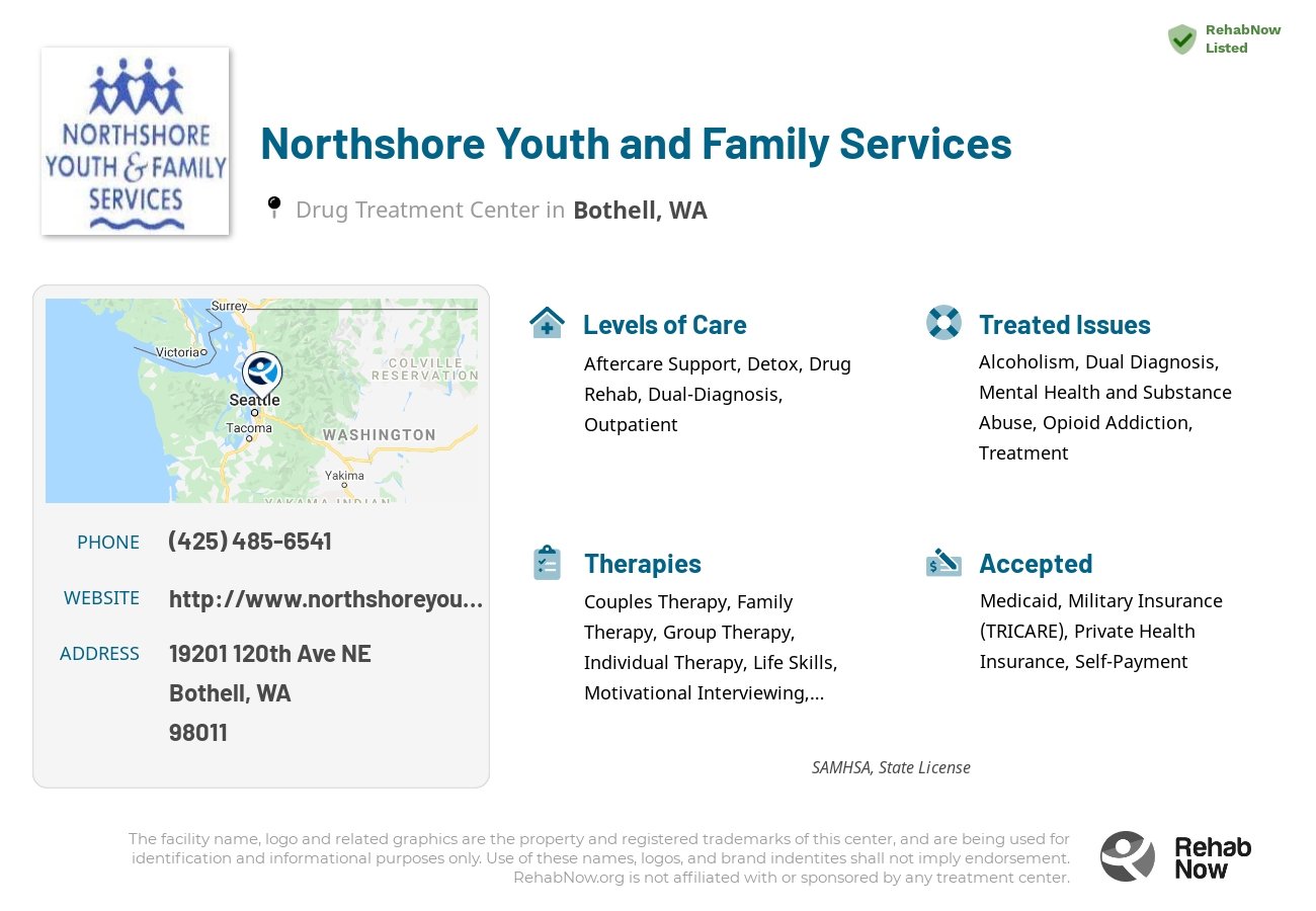 Helpful reference information for Northshore Youth and Family Services, a drug treatment center in Washington located at: 19201 120th Ave NE, Bothell, WA 98011, including phone numbers, official website, and more. Listed briefly is an overview of Levels of Care, Therapies Offered, Issues Treated, and accepted forms of Payment Methods.
