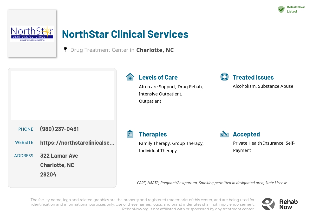 Helpful reference information for NorthStar Clinical Services, a drug treatment center in North Carolina located at: 322 Lamar Ave  #220, Charlotte, NC, 28204, including phone numbers, official website, and more. Listed briefly is an overview of Levels of Care, Therapies Offered, Issues Treated, and accepted forms of Payment Methods.