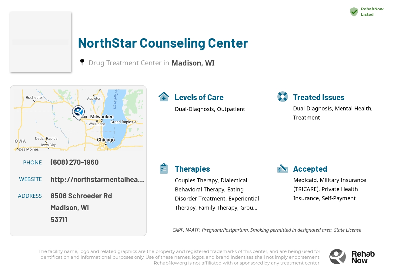 Helpful reference information for NorthStar Counseling Center, a drug treatment center in Wisconsin located at: 6506 Schroeder Rd, Madison, WI 53711, including phone numbers, official website, and more. Listed briefly is an overview of Levels of Care, Therapies Offered, Issues Treated, and accepted forms of Payment Methods.
