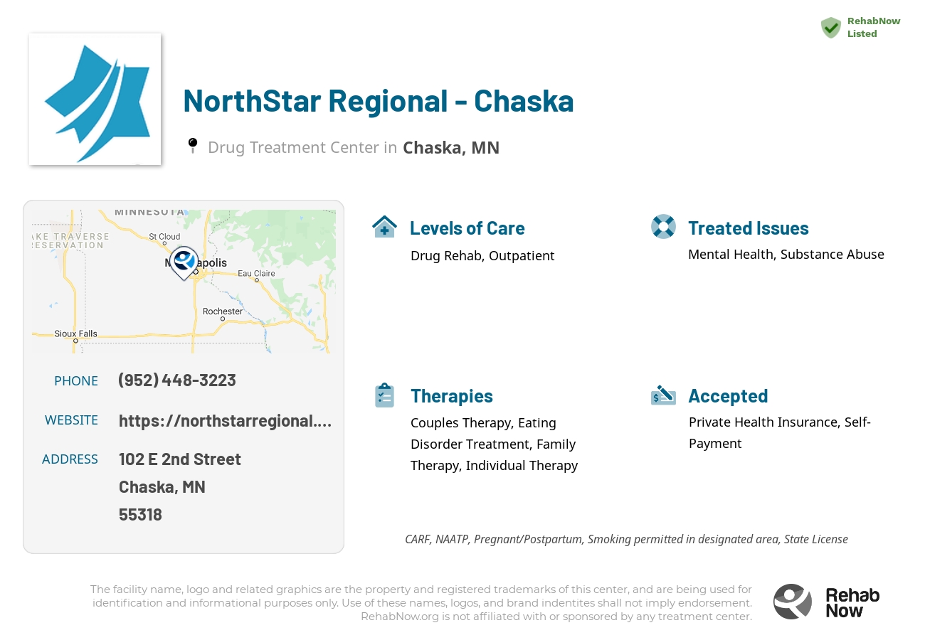 Helpful reference information for NorthStar Regional - Chaska, a drug treatment center in Minnesota located at: 102 E 2nd Street, Chaska, MN, 55318, including phone numbers, official website, and more. Listed briefly is an overview of Levels of Care, Therapies Offered, Issues Treated, and accepted forms of Payment Methods.