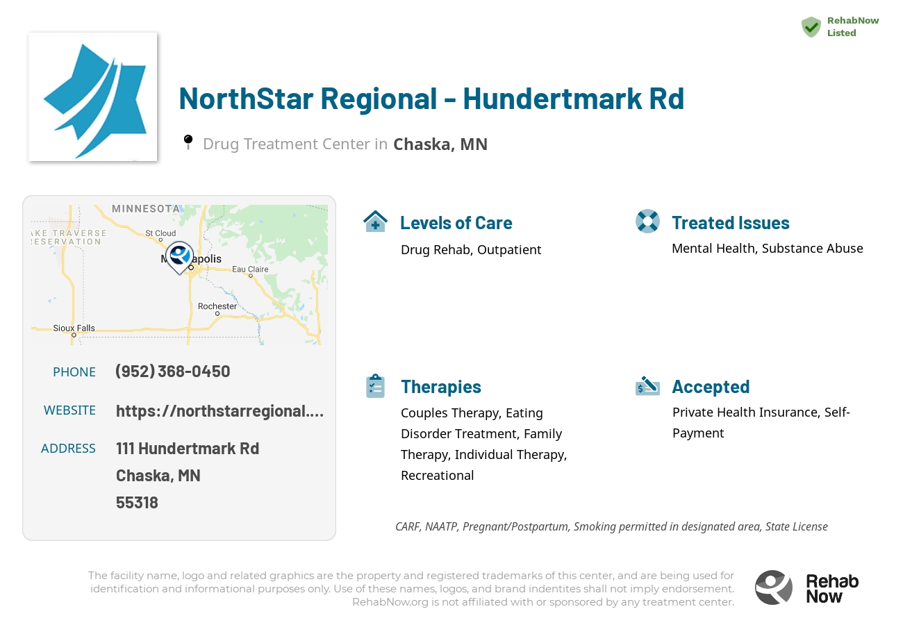 Helpful reference information for NorthStar Regional - Hundertmark Rd, a drug treatment center in Minnesota located at: 111 Hundertmark Rd, Suite 450, Chaska, MN, 55318, including phone numbers, official website, and more. Listed briefly is an overview of Levels of Care, Therapies Offered, Issues Treated, and accepted forms of Payment Methods.