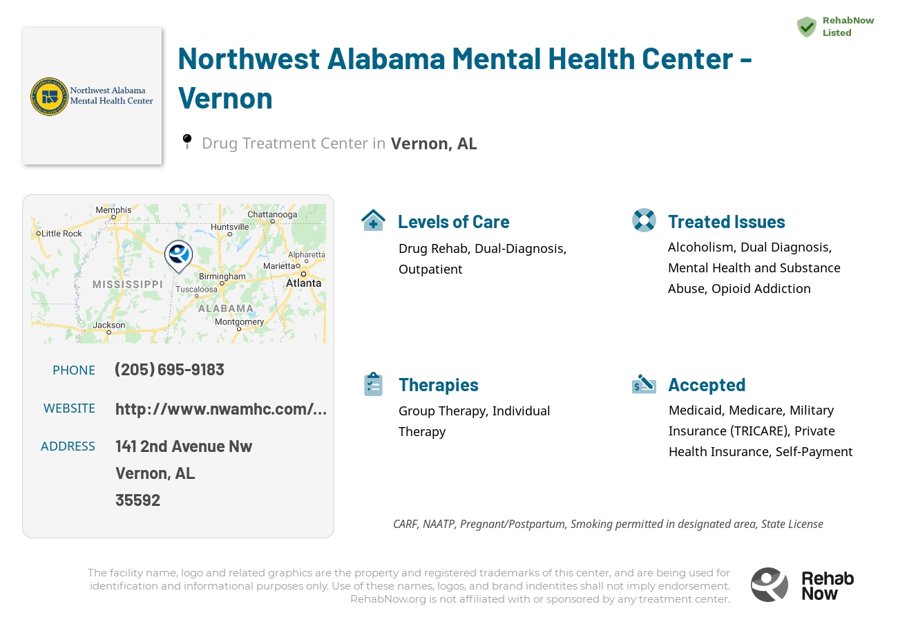 Helpful reference information for Northwest Alabama Mental Health Center - Vernon, a drug treatment center in Alabama located at: 141 2nd Avenue Nw, Vernon, AL, 35592, including phone numbers, official website, and more. Listed briefly is an overview of Levels of Care, Therapies Offered, Issues Treated, and accepted forms of Payment Methods.