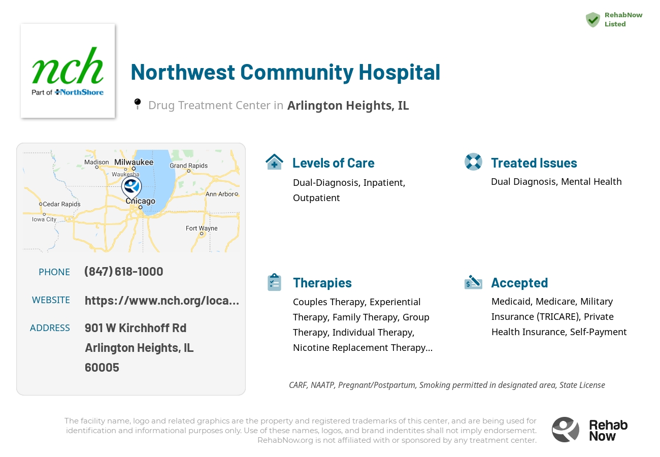 Helpful reference information for Northwest Community Hospital, a drug treatment center in Illinois located at: 901 W Kirchhoff Rd, Arlington Heights, IL 60005, including phone numbers, official website, and more. Listed briefly is an overview of Levels of Care, Therapies Offered, Issues Treated, and accepted forms of Payment Methods.