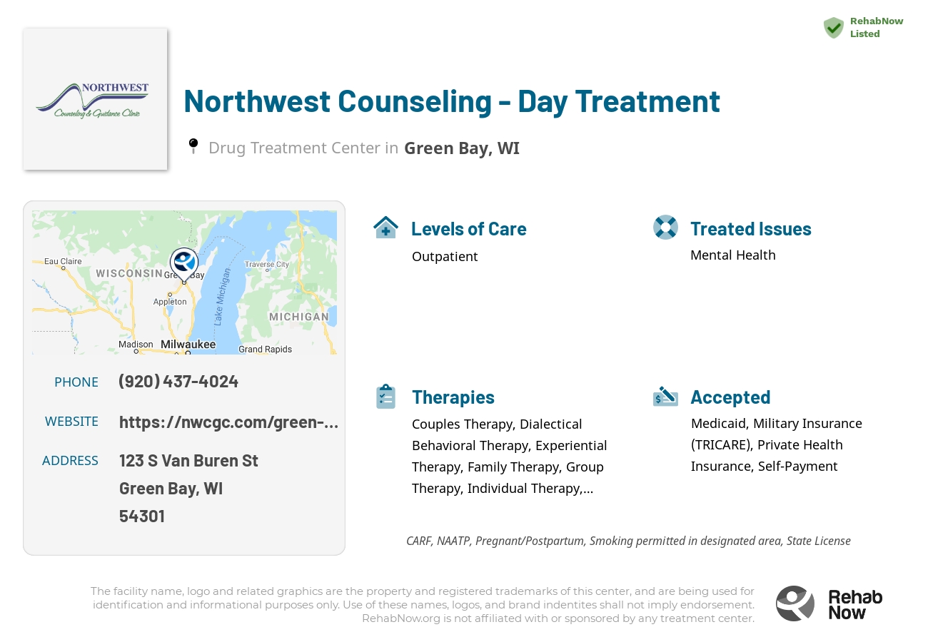 Helpful reference information for Northwest Counseling - Day Treatment, a drug treatment center in Wisconsin located at: 123 S Van Buren St, Green Bay, WI 54301, including phone numbers, official website, and more. Listed briefly is an overview of Levels of Care, Therapies Offered, Issues Treated, and accepted forms of Payment Methods.