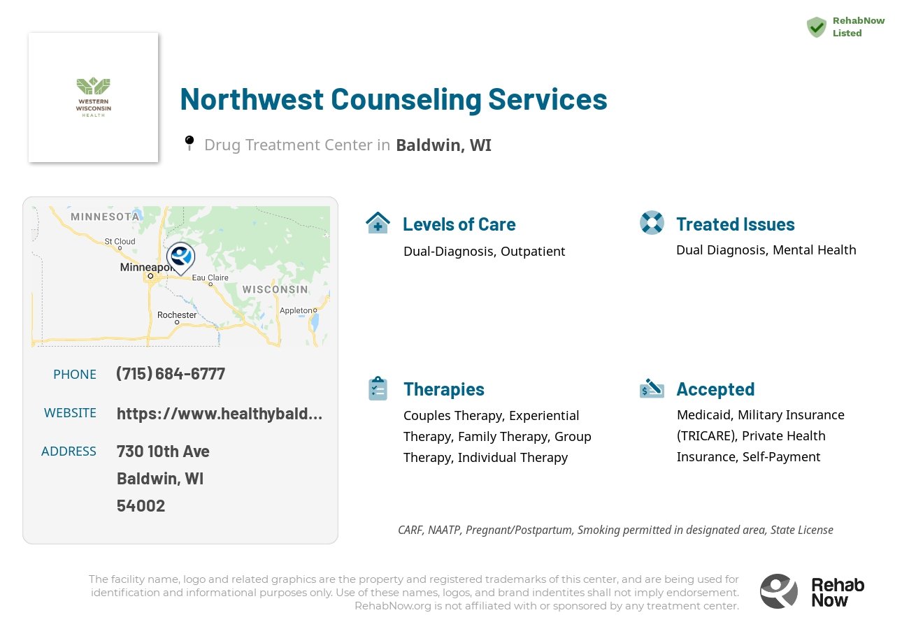 Helpful reference information for Northwest Counseling Services, a drug treatment center in Wisconsin located at: 730 10th Ave, Baldwin, WI 54002, including phone numbers, official website, and more. Listed briefly is an overview of Levels of Care, Therapies Offered, Issues Treated, and accepted forms of Payment Methods.