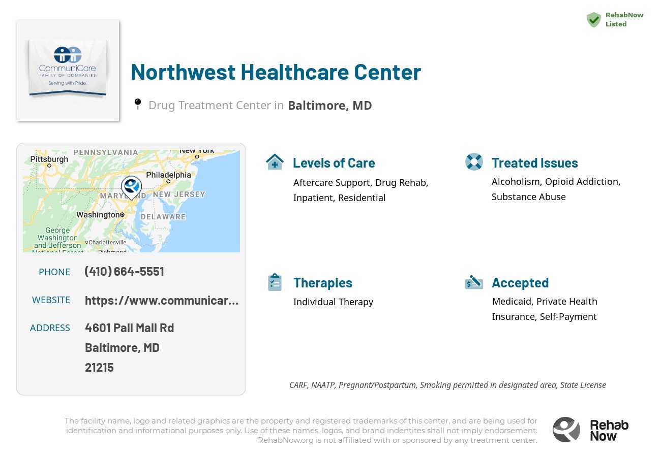 Helpful reference information for Northwest Healthcare Center, a drug treatment center in Maryland located at: 4601 Pall Mall Rd, Baltimore, MD 21215, including phone numbers, official website, and more. Listed briefly is an overview of Levels of Care, Therapies Offered, Issues Treated, and accepted forms of Payment Methods.