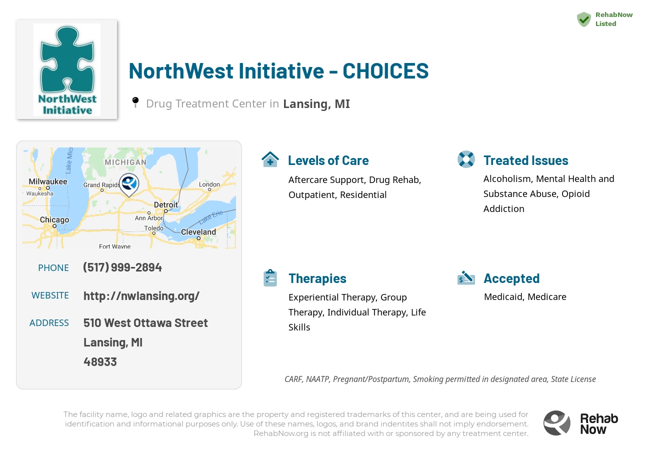 Helpful reference information for NorthWest Initiative - CHOICES, a drug treatment center in Michigan located at: 510 510 West Ottawa Street, Lansing, MI 48933, including phone numbers, official website, and more. Listed briefly is an overview of Levels of Care, Therapies Offered, Issues Treated, and accepted forms of Payment Methods.