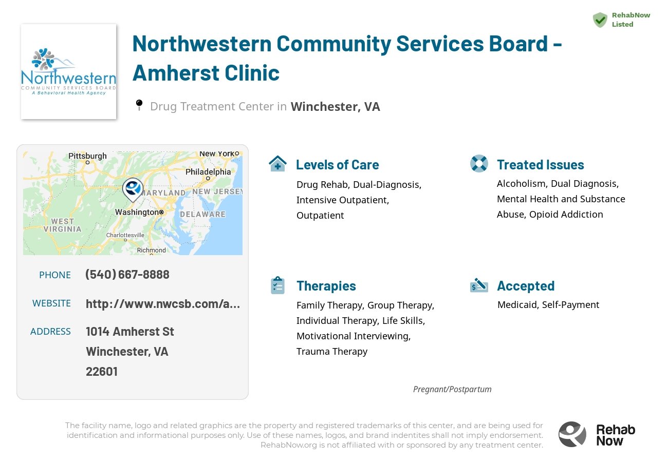 Helpful reference information for Northwestern Community Services Board - Amherst Clinic, a drug treatment center in Virginia located at: 1014 Amherst St, Winchester, VA 22601, including phone numbers, official website, and more. Listed briefly is an overview of Levels of Care, Therapies Offered, Issues Treated, and accepted forms of Payment Methods.