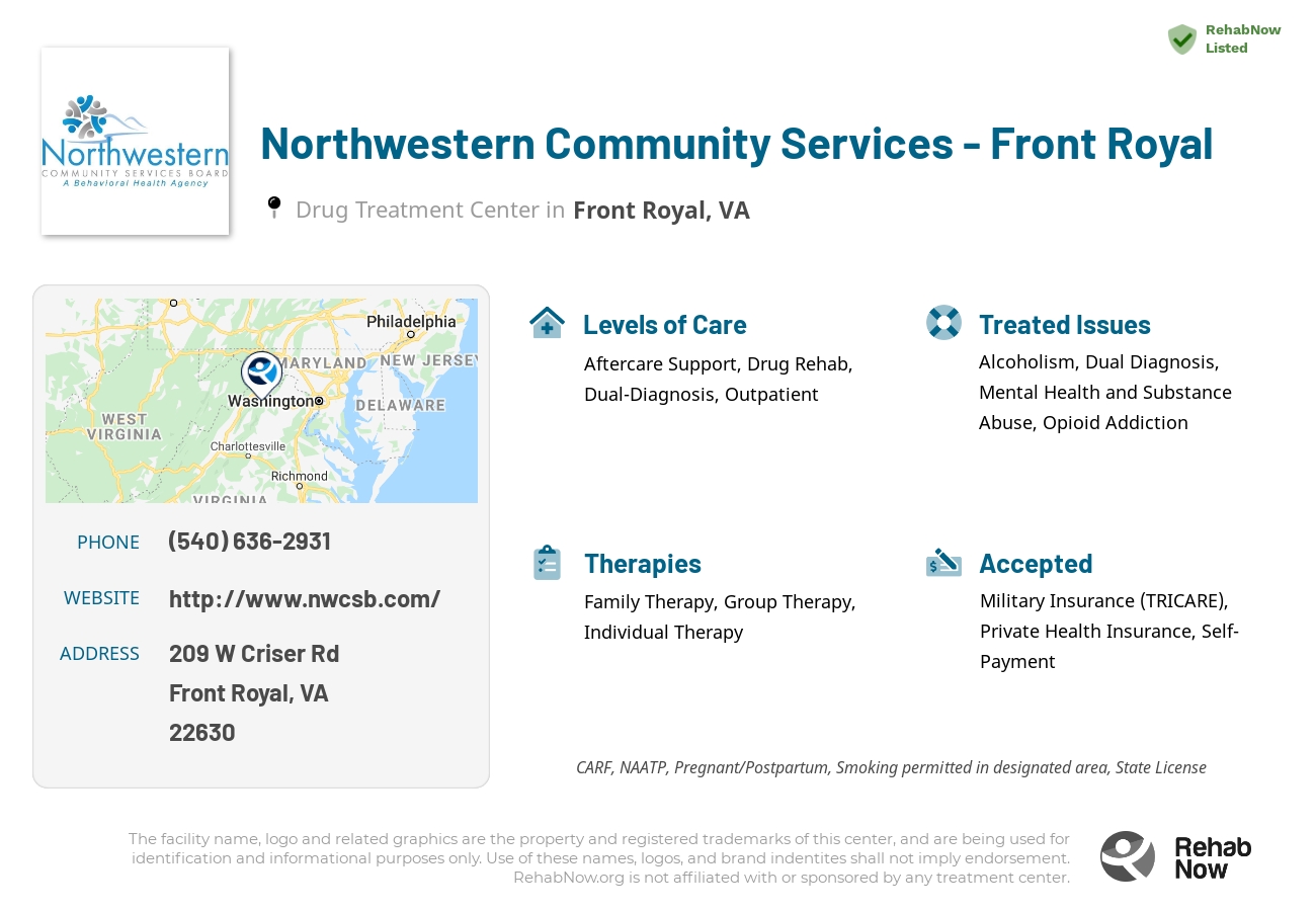 Helpful reference information for Northwestern Community Services - Front Royal, a drug treatment center in Virginia located at: 209 W Criser Rd, Front Royal, VA 22630, including phone numbers, official website, and more. Listed briefly is an overview of Levels of Care, Therapies Offered, Issues Treated, and accepted forms of Payment Methods.