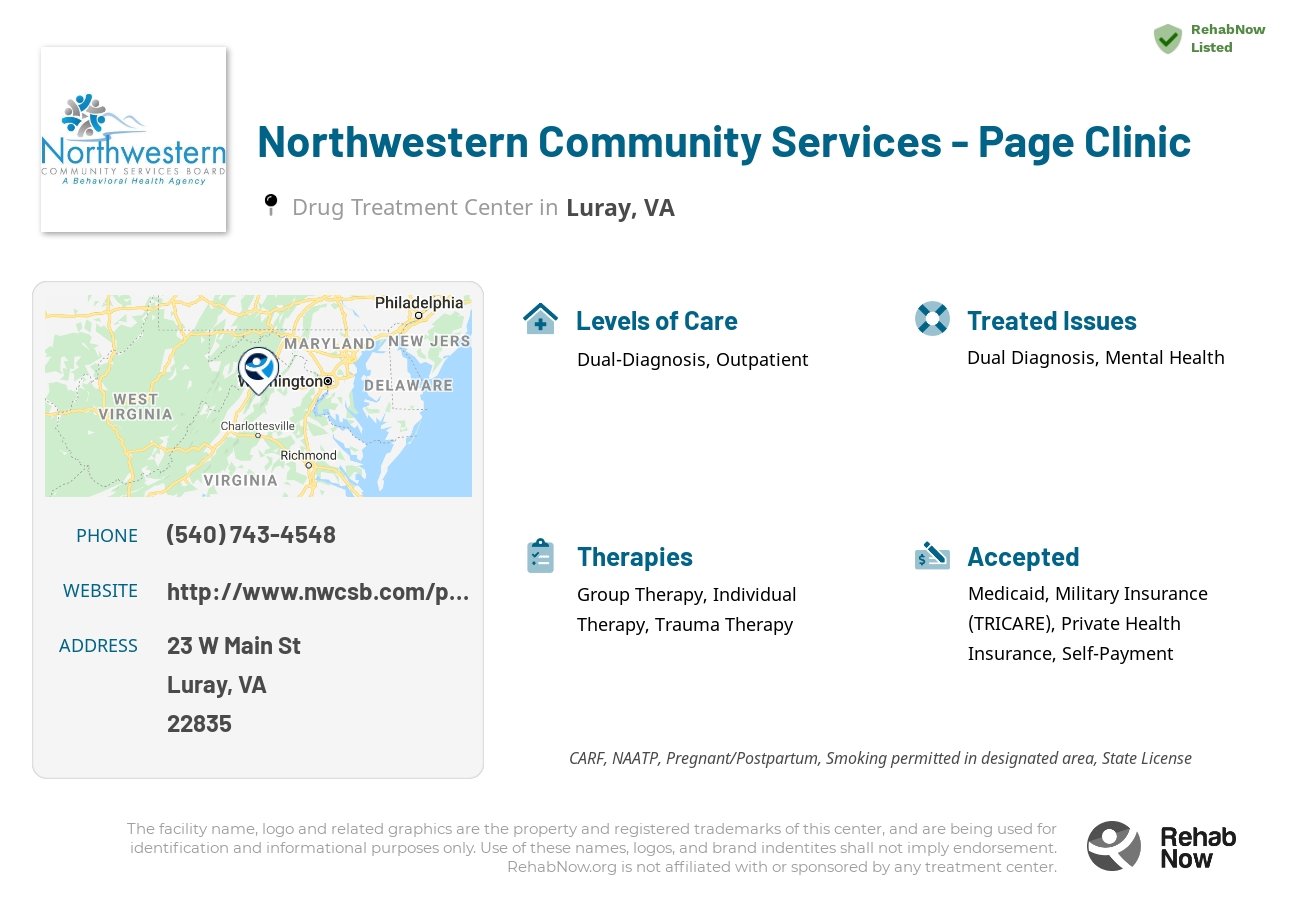 Helpful reference information for Northwestern Community Services - Page Clinic, a drug treatment center in Virginia located at: 23 W Main St, Luray, VA 22835, including phone numbers, official website, and more. Listed briefly is an overview of Levels of Care, Therapies Offered, Issues Treated, and accepted forms of Payment Methods.
