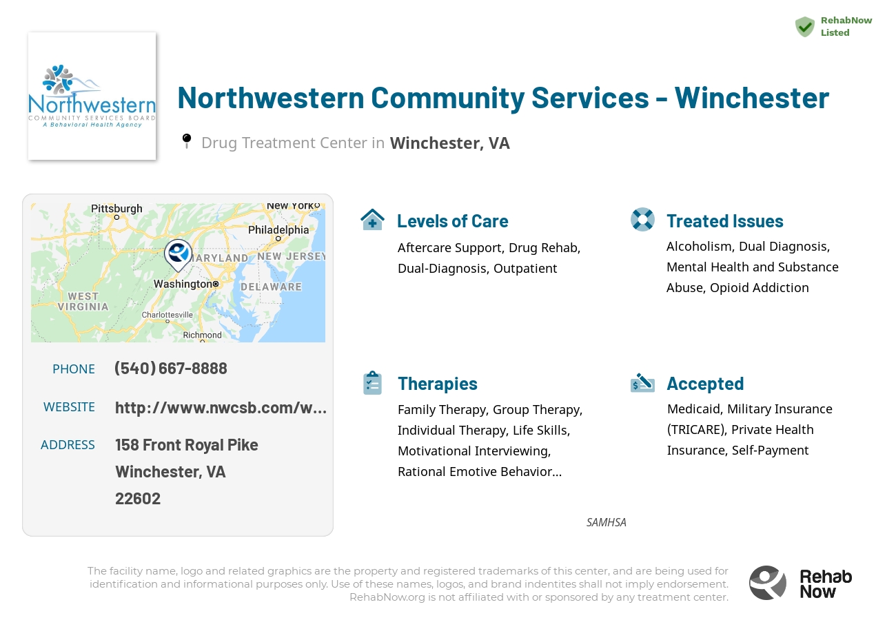 Helpful reference information for Northwestern Community Services - Winchester, a drug treatment center in Virginia located at: 158 Front Royal Pike, Winchester, VA 22602, including phone numbers, official website, and more. Listed briefly is an overview of Levels of Care, Therapies Offered, Issues Treated, and accepted forms of Payment Methods.