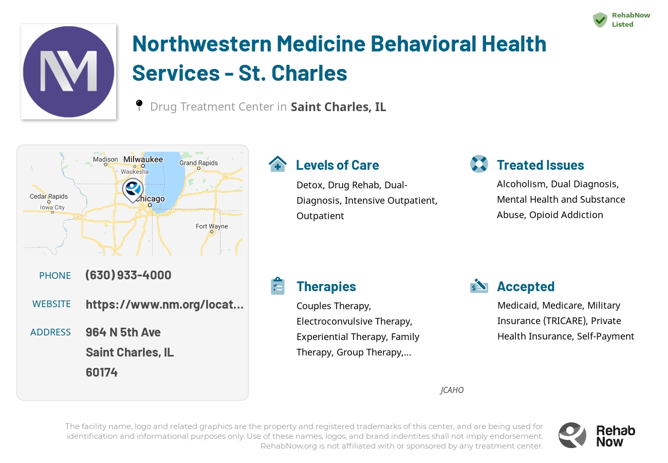 Helpful reference information for Northwestern Medicine Behavioral Health Services - St. Charles, a drug treatment center in Illinois located at: 964 N 5th Ave, Saint Charles, IL 60174, including phone numbers, official website, and more. Listed briefly is an overview of Levels of Care, Therapies Offered, Issues Treated, and accepted forms of Payment Methods.