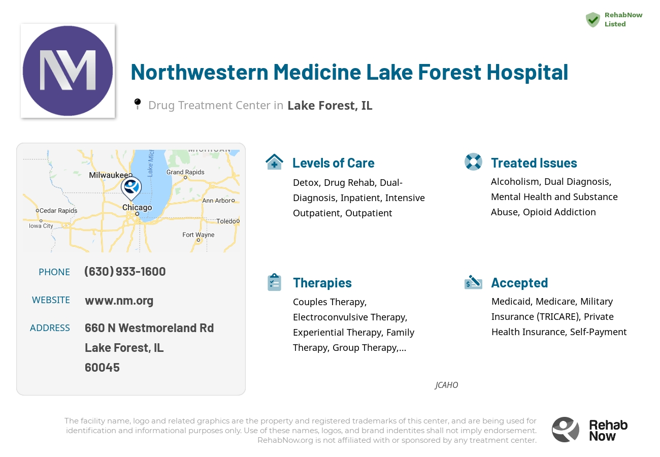 Helpful reference information for Northwestern Medicine Lake Forest Hospital, a drug treatment center in Illinois located at: 660 N Westmoreland Rd, Lake Forest, IL 60045, including phone numbers, official website, and more. Listed briefly is an overview of Levels of Care, Therapies Offered, Issues Treated, and accepted forms of Payment Methods.