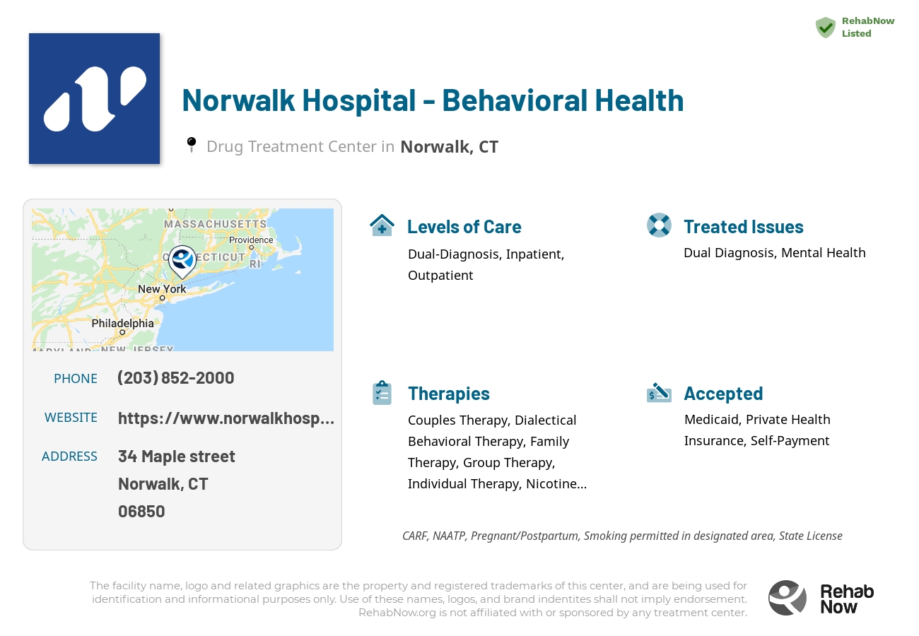 Helpful reference information for Norwalk Hospital - Behavioral Health, a drug treatment center in Connecticut located at: 34 Maple street, Norwalk, CT, 06850, including phone numbers, official website, and more. Listed briefly is an overview of Levels of Care, Therapies Offered, Issues Treated, and accepted forms of Payment Methods.
