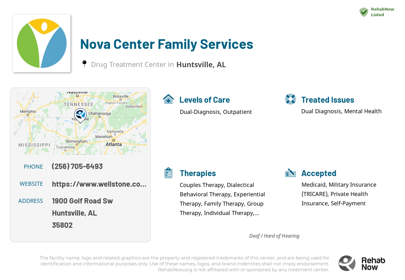 Helpful reference information for Nova Center Family Services, a drug treatment center in Alabama located at: 1900 Golf Road Sw, Huntsville, AL, 35802, including phone numbers, official website, and more. Listed briefly is an overview of Levels of Care, Therapies Offered, Issues Treated, and accepted forms of Payment Methods.