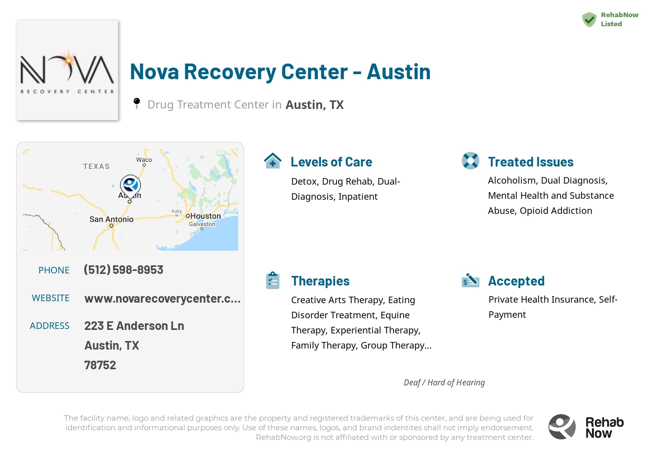 Helpful reference information for Nova Recovery Center - Austin, a drug treatment center in Texas located at: 223 E Anderson Ln, Austin, TX, 78752, including phone numbers, official website, and more. Listed briefly is an overview of Levels of Care, Therapies Offered, Issues Treated, and accepted forms of Payment Methods.