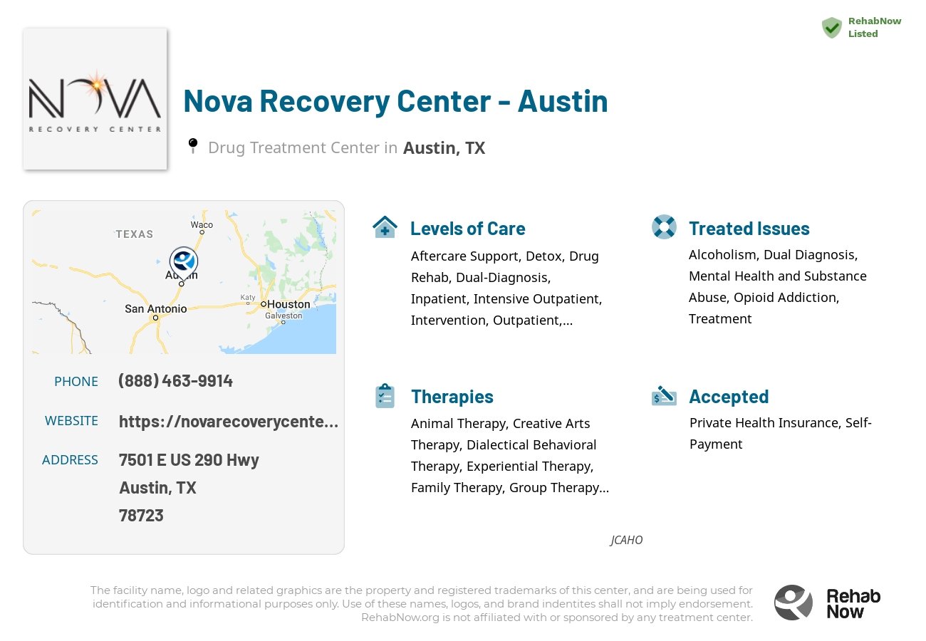 Helpful reference information for Nova Recovery Center - Austin, a drug treatment center in Texas located at: 7501 E US 290 Hwy, Austin, TX 78723, including phone numbers, official website, and more. Listed briefly is an overview of Levels of Care, Therapies Offered, Issues Treated, and accepted forms of Payment Methods.