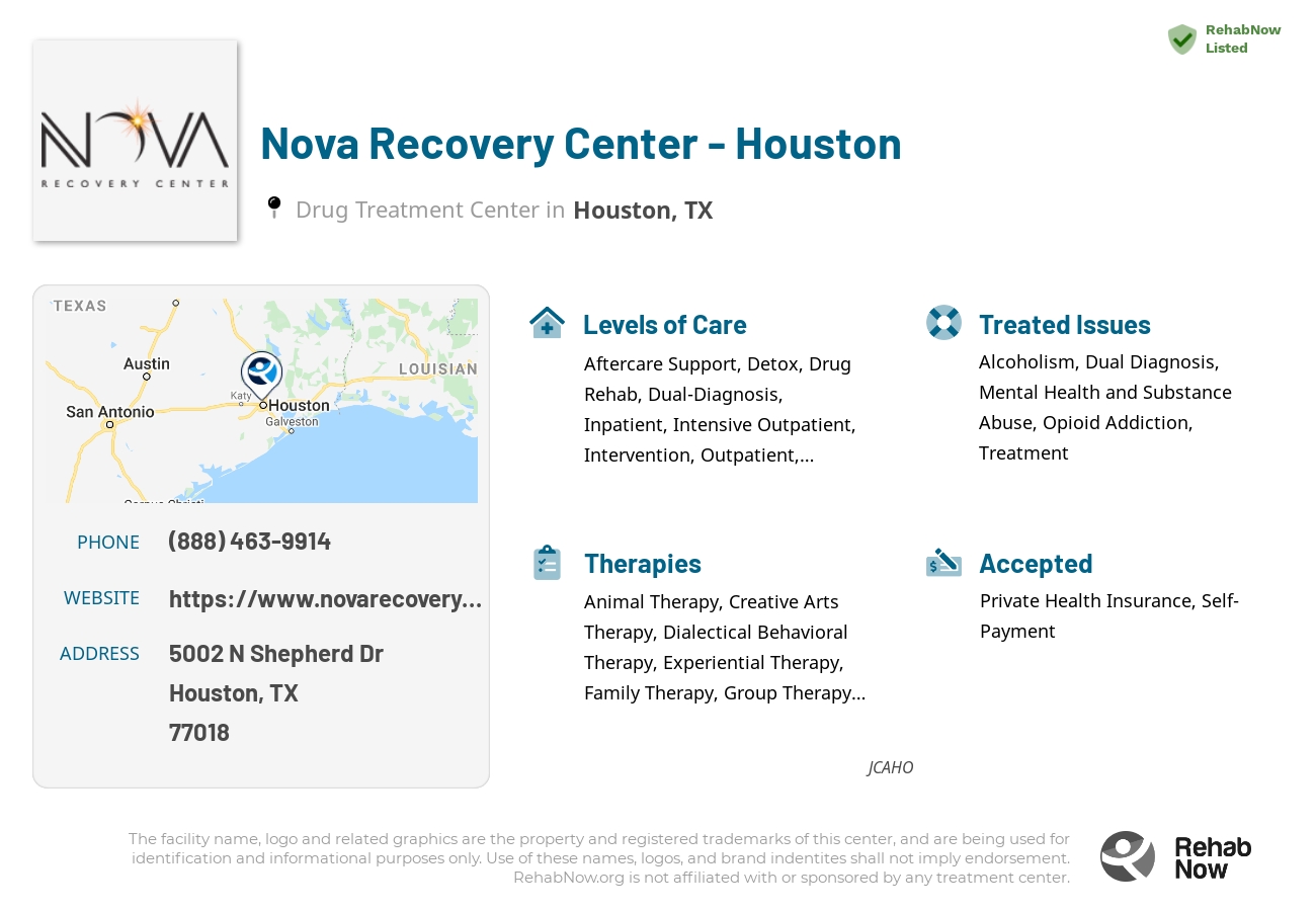 Helpful reference information for Nova Recovery Center - Houston, a drug treatment center in Texas located at: 5002 N Shepherd Dr, Houston, TX 77018, including phone numbers, official website, and more. Listed briefly is an overview of Levels of Care, Therapies Offered, Issues Treated, and accepted forms of Payment Methods.