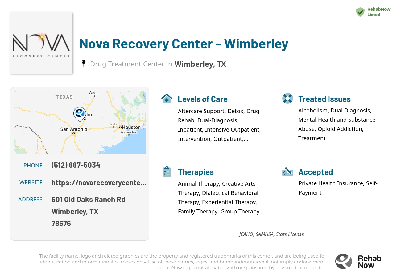 Helpful reference information for Nova Recovery Center - Wimberley, a drug treatment center in Texas located at: 601 Old Oaks Ranch Rd, Wimberley, TX 78676, including phone numbers, official website, and more. Listed briefly is an overview of Levels of Care, Therapies Offered, Issues Treated, and accepted forms of Payment Methods.