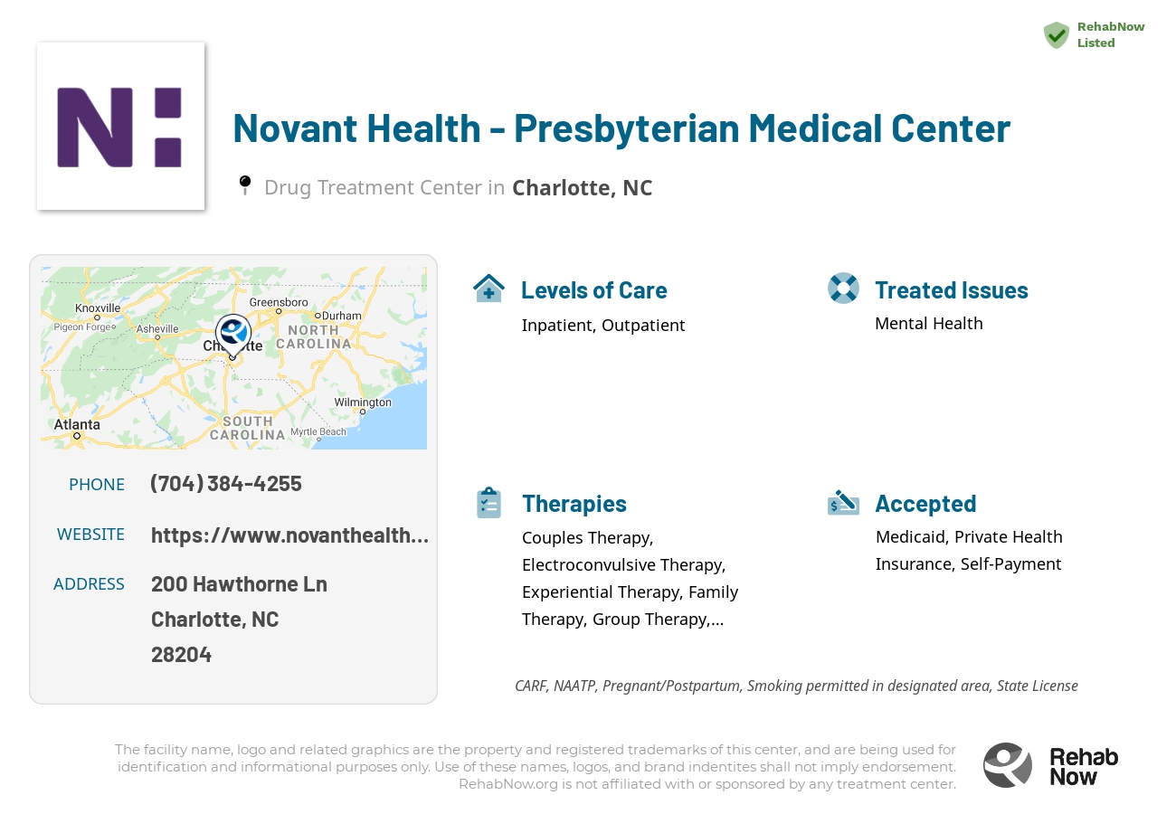 Helpful reference information for Novant Health - Presbyterian Medical Center, a drug treatment center in North Carolina located at: 200 Hawthorne Ln, Charlotte, NC 28204, including phone numbers, official website, and more. Listed briefly is an overview of Levels of Care, Therapies Offered, Issues Treated, and accepted forms of Payment Methods.