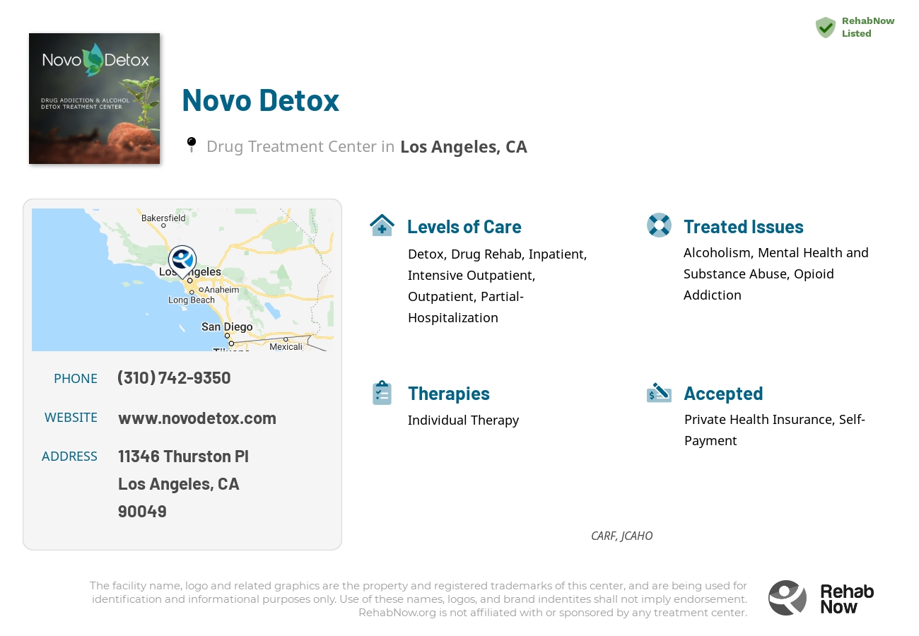 Helpful reference information for Novo Detox, a drug treatment center in California located at: 11346 Thurston Pl, Los Angeles, CA, 90049, including phone numbers, official website, and more. Listed briefly is an overview of Levels of Care, Therapies Offered, Issues Treated, and accepted forms of Payment Methods.