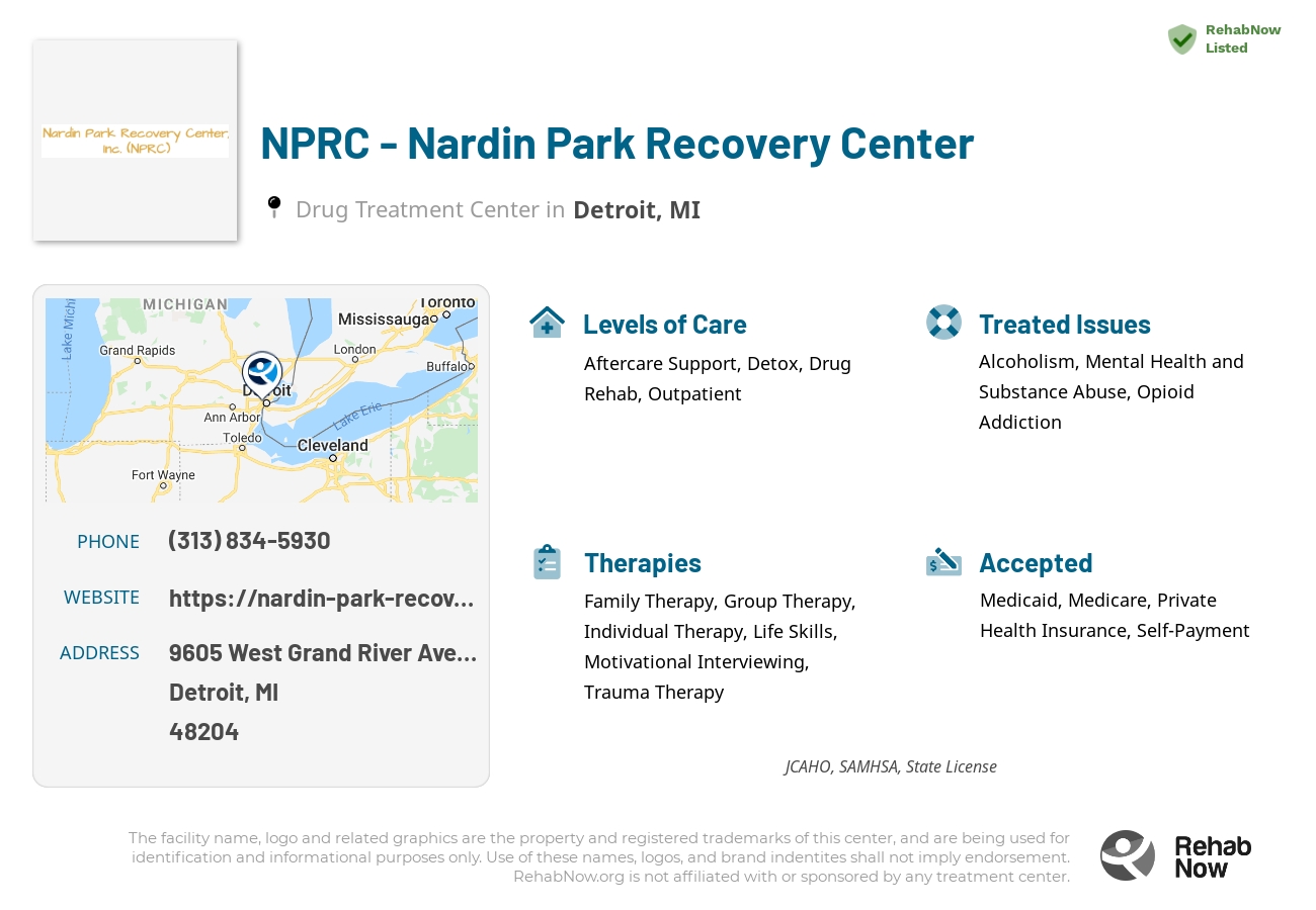 Helpful reference information for NPRC - Nardin Park Recovery Center, a drug treatment center in Michigan located at: 9605 West Grand River Avenue, Detroit, MI, 48204, including phone numbers, official website, and more. Listed briefly is an overview of Levels of Care, Therapies Offered, Issues Treated, and accepted forms of Payment Methods.