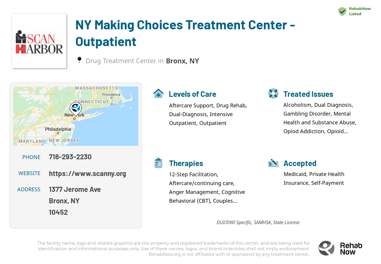 Helpful reference information for NY Making Choices Treatment Center - Outpatient, a drug treatment center in New York located at: 1377 Jerome Ave, Bronx, NY 10452, including phone numbers, official website, and more. Listed briefly is an overview of Levels of Care, Therapies Offered, Issues Treated, and accepted forms of Payment Methods.