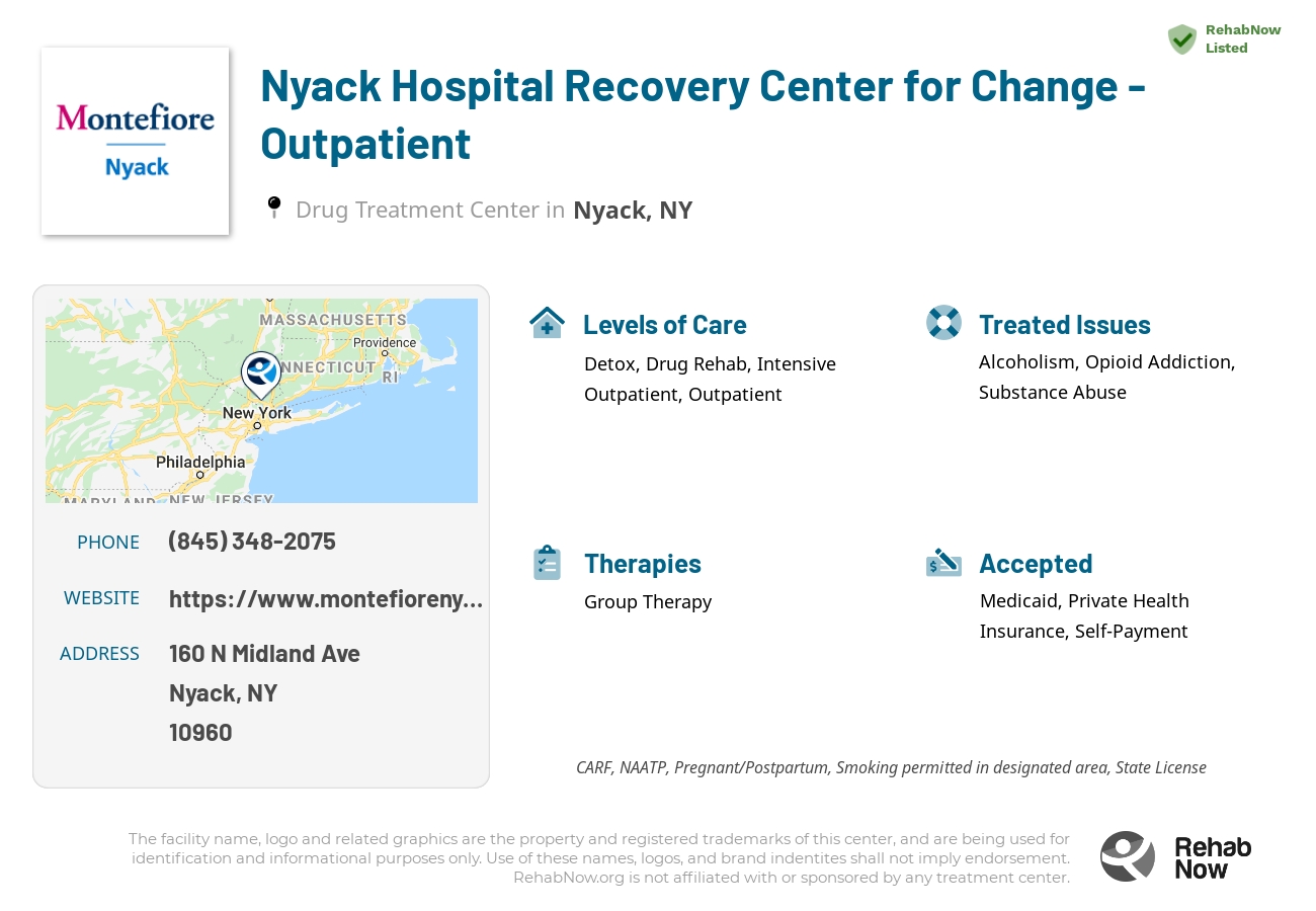 Helpful reference information for Nyack Hospital Recovery Center for Change - Outpatient, a drug treatment center in New York located at: 160 N Midland Ave, Nyack, NY 10960, including phone numbers, official website, and more. Listed briefly is an overview of Levels of Care, Therapies Offered, Issues Treated, and accepted forms of Payment Methods.