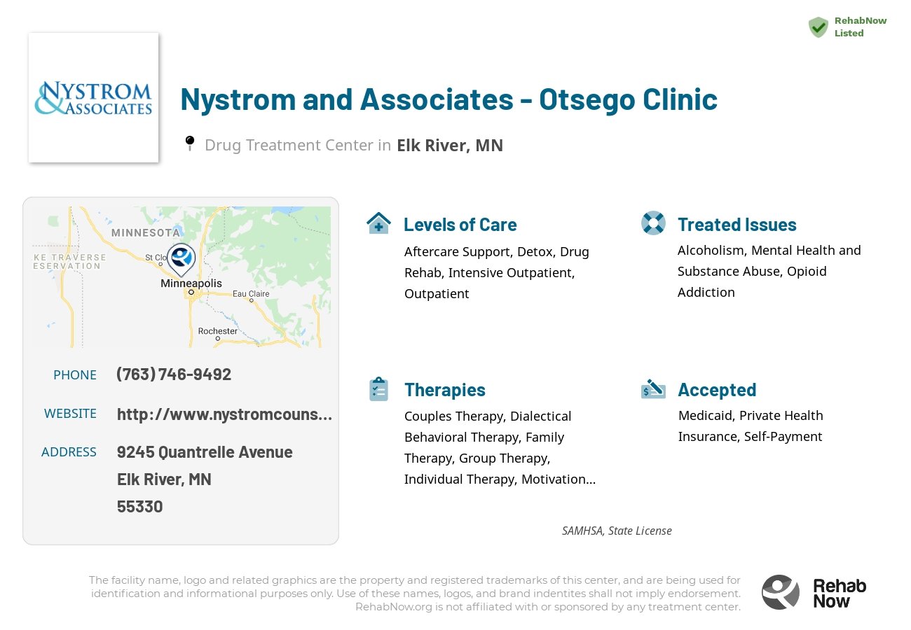 Helpful reference information for Nystrom and Associates - Otsego Clinic, a drug treatment center in Minnesota located at: 9245 Quantrelle Avenue, Elk River, MN 55330, including phone numbers, official website, and more. Listed briefly is an overview of Levels of Care, Therapies Offered, Issues Treated, and accepted forms of Payment Methods.