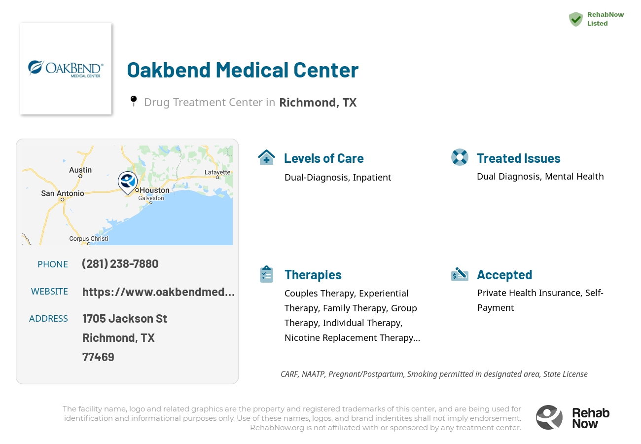 Helpful reference information for Oakbend Medical Center, a drug treatment center in Texas located at: 1705 Jackson St, Richmond, TX 77469, including phone numbers, official website, and more. Listed briefly is an overview of Levels of Care, Therapies Offered, Issues Treated, and accepted forms of Payment Methods.