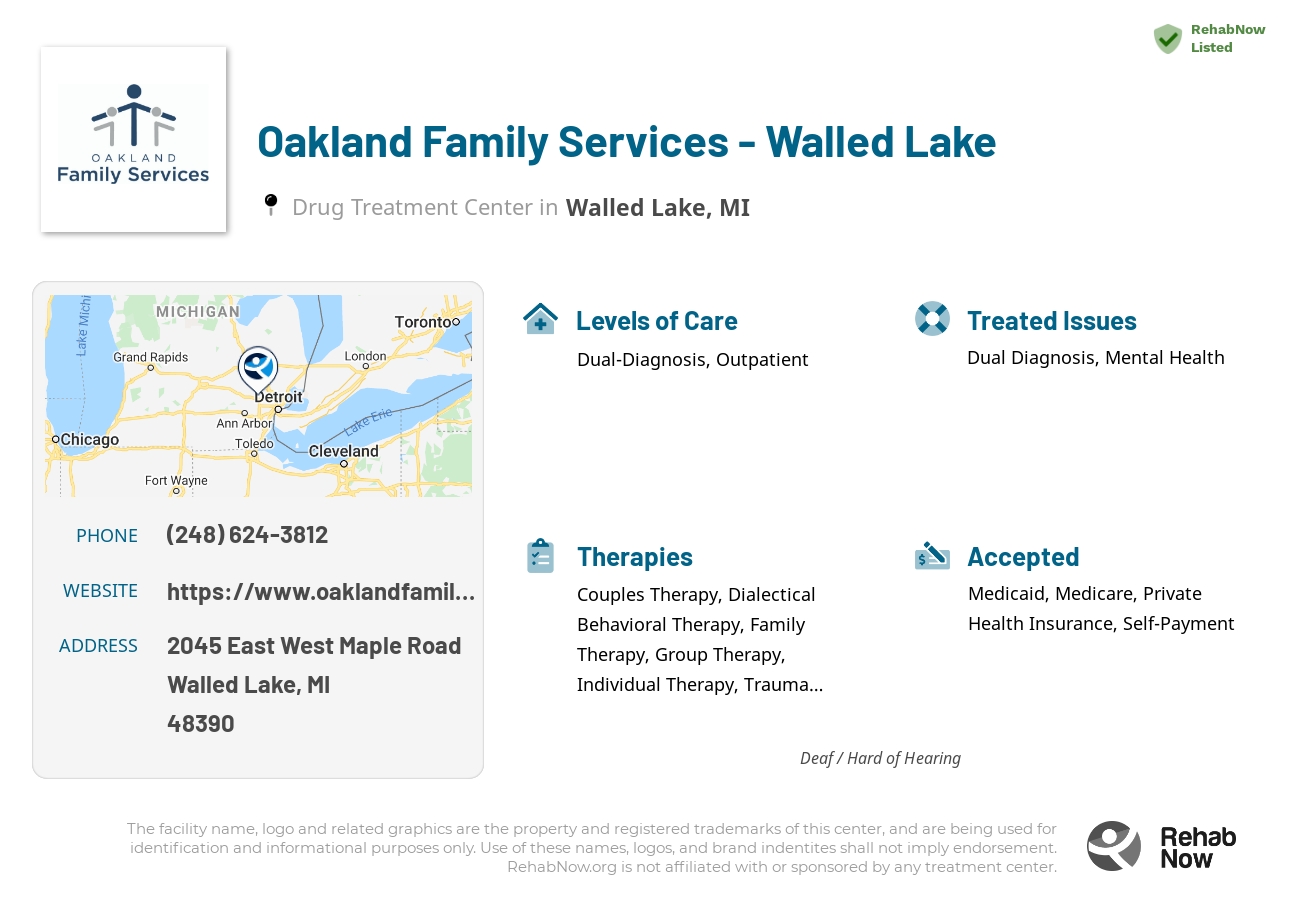 Helpful reference information for Oakland Family Services - Walled Lake, a drug treatment center in Michigan located at: 2045 2045 East West Maple Road, Walled Lake, MI 48390, including phone numbers, official website, and more. Listed briefly is an overview of Levels of Care, Therapies Offered, Issues Treated, and accepted forms of Payment Methods.