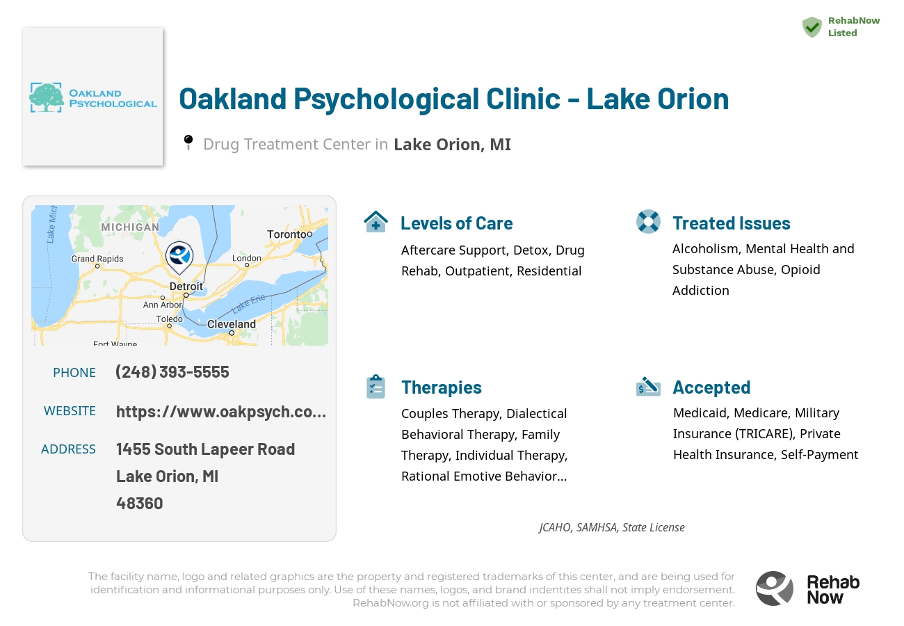 Helpful reference information for Oakland Psychological Clinic - Lake Orion, a drug treatment center in Michigan located at: 1455 South Lapeer Road, Lake Orion, MI, 48360, including phone numbers, official website, and more. Listed briefly is an overview of Levels of Care, Therapies Offered, Issues Treated, and accepted forms of Payment Methods.